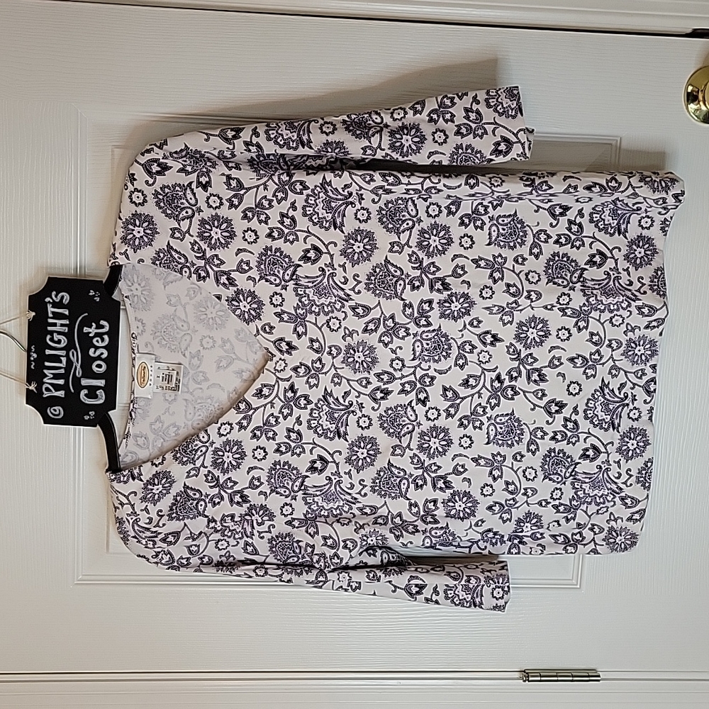 Talbots Woman Pullover Top X White Blue Floral 3/4 Sleeve
